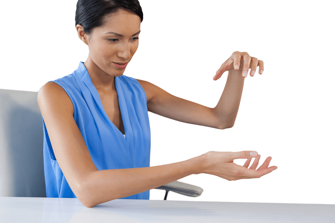 Businesswoman in Blue Blouse Holding Something Invisible, Transparent Objects Concept