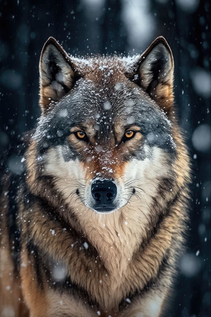 Portrait of wolf with snow falling, created using generative ai technology - Free Images, Stock Photos and Pictures on Pikwizard.com