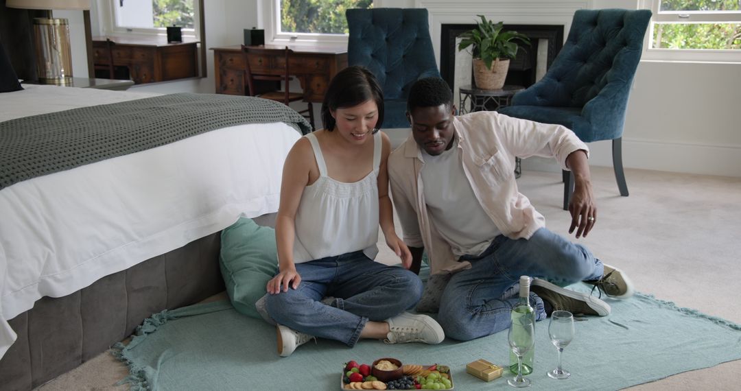 Couple Relaxing with Snacks on Bedroom Floor
