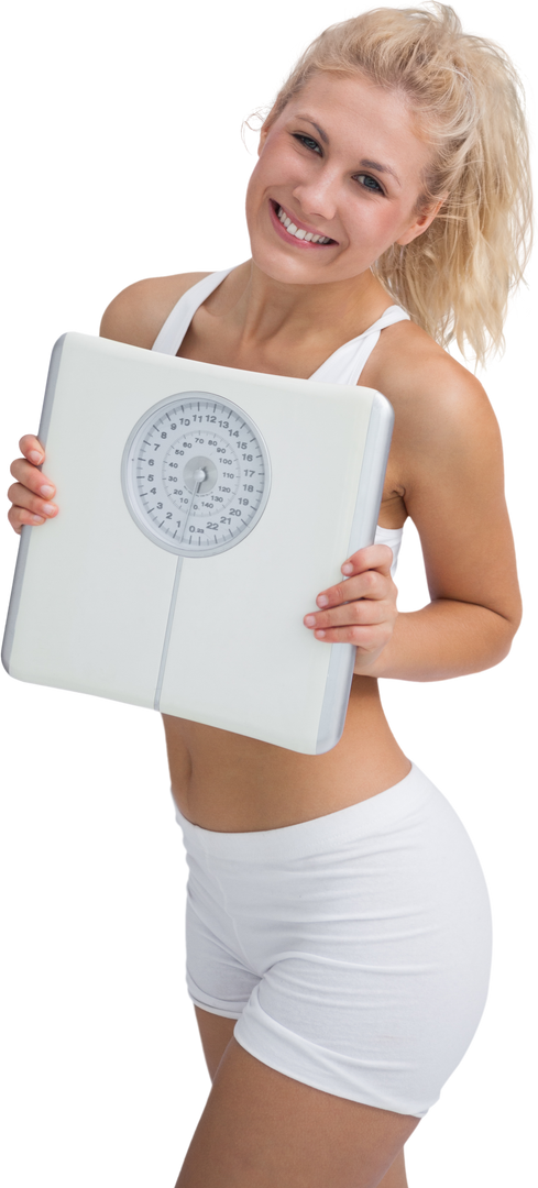 Transparent Background Smiling Young Woman Holding Weighing Scale - Download Free Stock Images Pikwizard.com