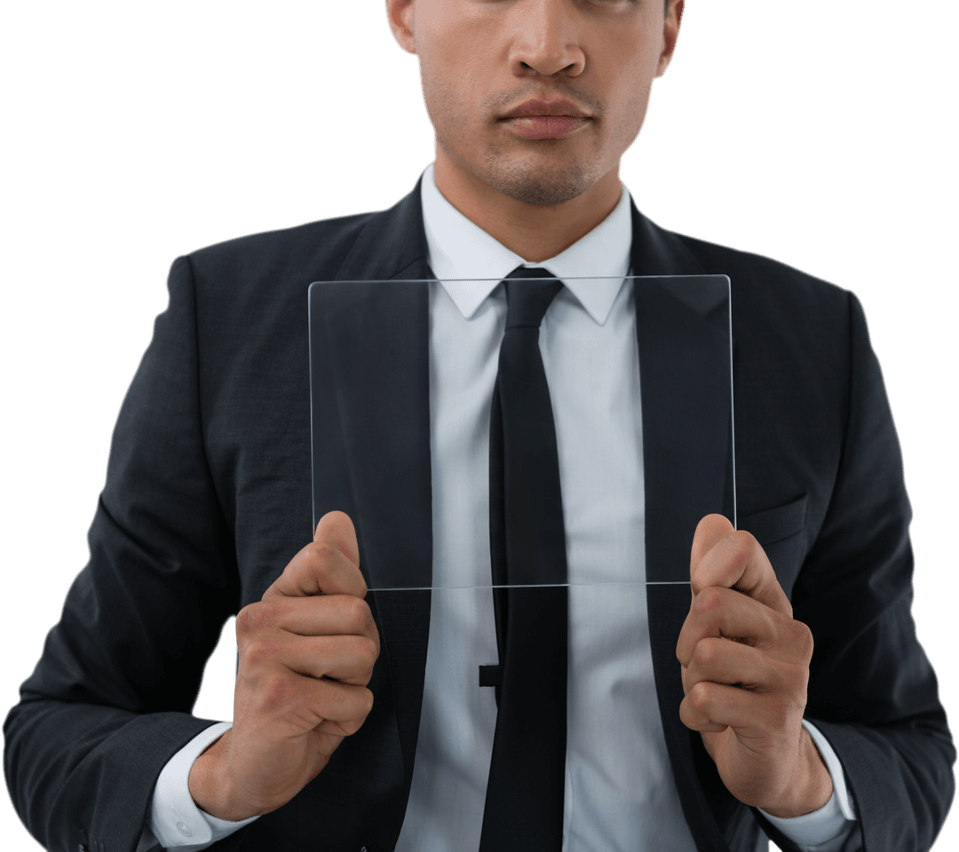 Businessman Holding Transparent Interface with Confident Gesture