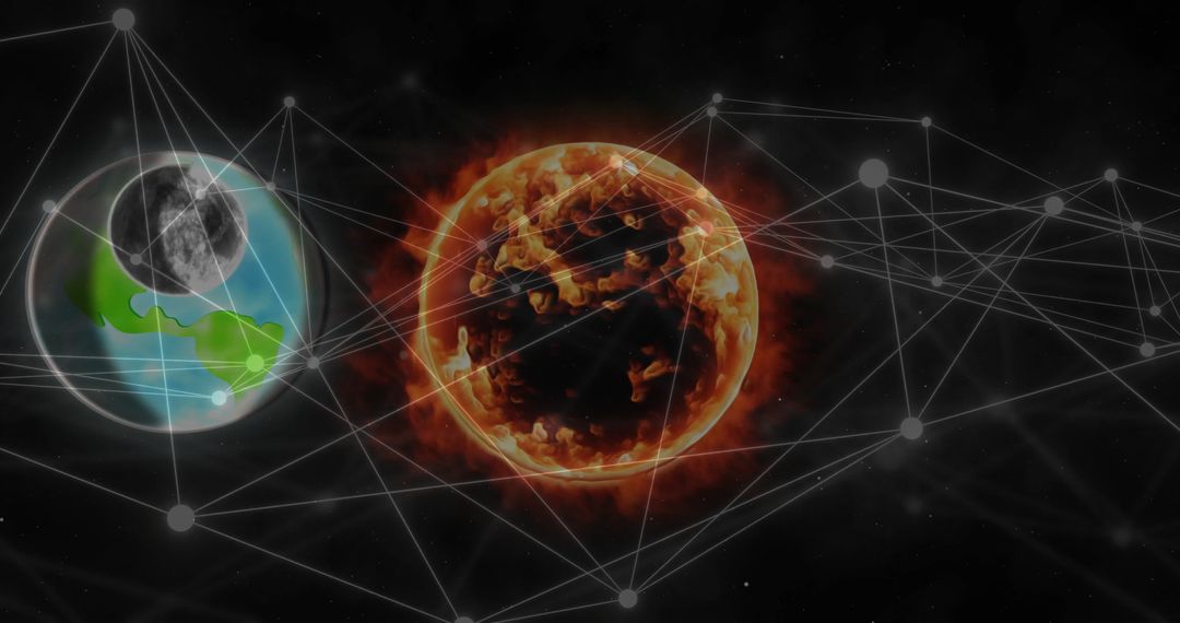 Digital Network Connections Globally Surrounding Earth and Fiery Sphere