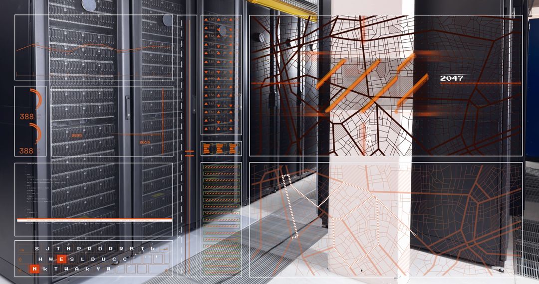 Futuristic Interface Overlay on Data Server Room Technology