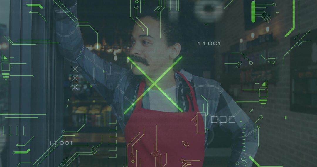 Café Worker Embracing Digital Transformation in Modern Venue