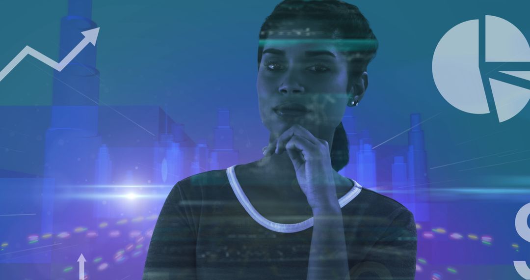 Woman Analyzing Financial Data With Digital Cityscape Fuse