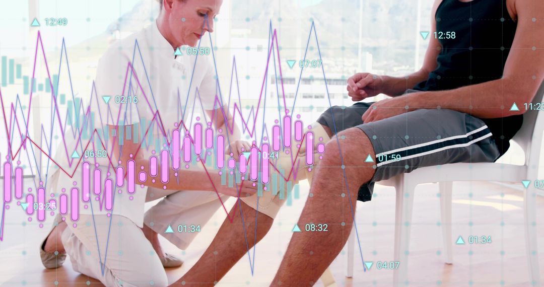 Clinician Applying Knee Tape to Athlete While Digital Analytics Overlay Visualizing Rehab Progress