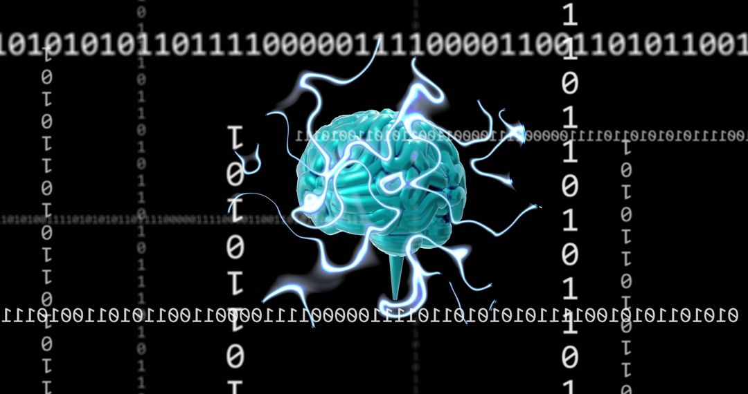 Futuristic Digital Brain Surrounded by Binary Code Illuminating AI Concept