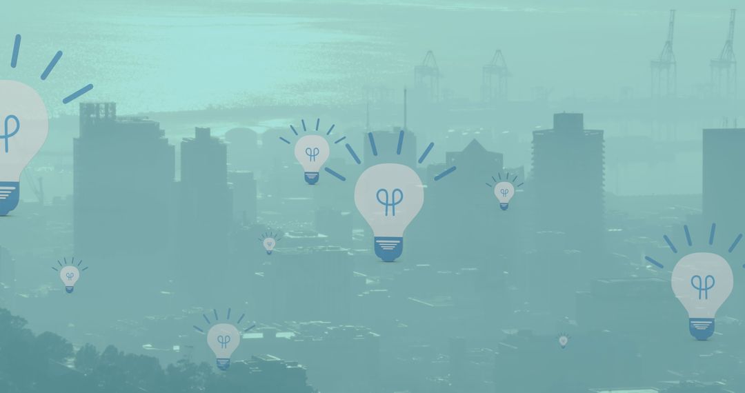 Floating Light Bulbs Representing Ideas in Cityscape Background