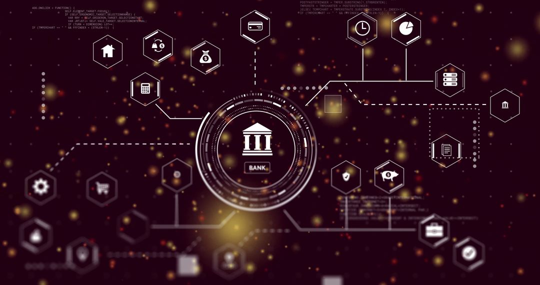 Central Bank Icon Connecting to Finance Symbols on Digital Network