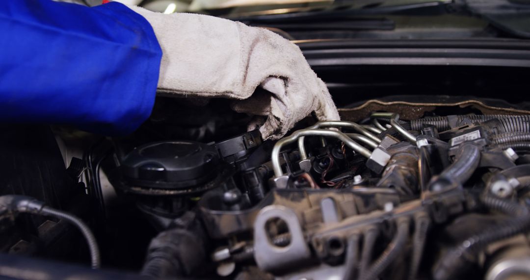 Mechanic Repairing Car Engine with Gloved Hand in Workshop - Free Images, Stock Photos and Pictures on Pikwizard.com