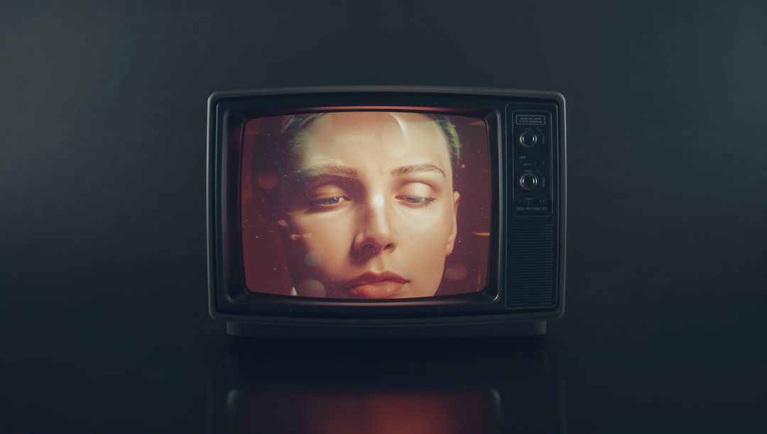 Woman's Face on Vintage CRT TV in Dark Studio for Technology Concept