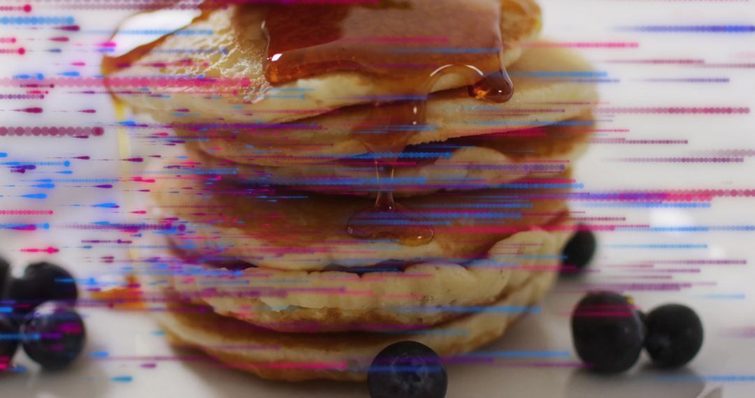 Glitch Art Improves Stack of Pancakes with Pouring Syrup and Blueberries