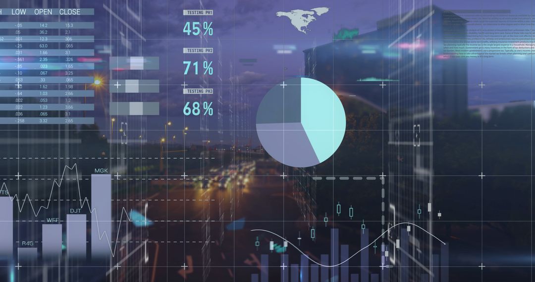 Abstract Digital Interface with Data Visualizations over Cityscape