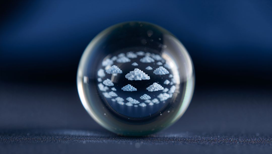 Crystal lens ball reflecting inverted pixel cloud pattern on dark fabric macro bokeh
