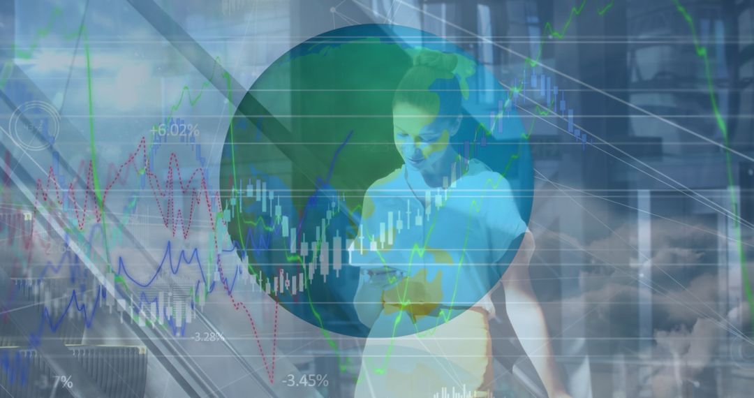 Businesswoman Analyzing Digital Financial Data Overlaid with World Map