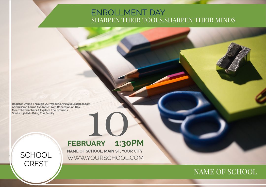 Enrollment Day School Event with Supplies and Promotional Messaging - Download Free Stock Templates Pikwizard.com