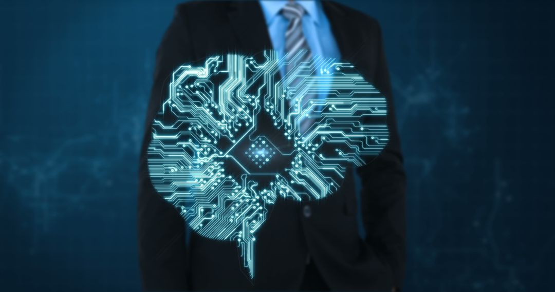 Businessman with Digital Brain Hologram Representing Artificial Intelligence