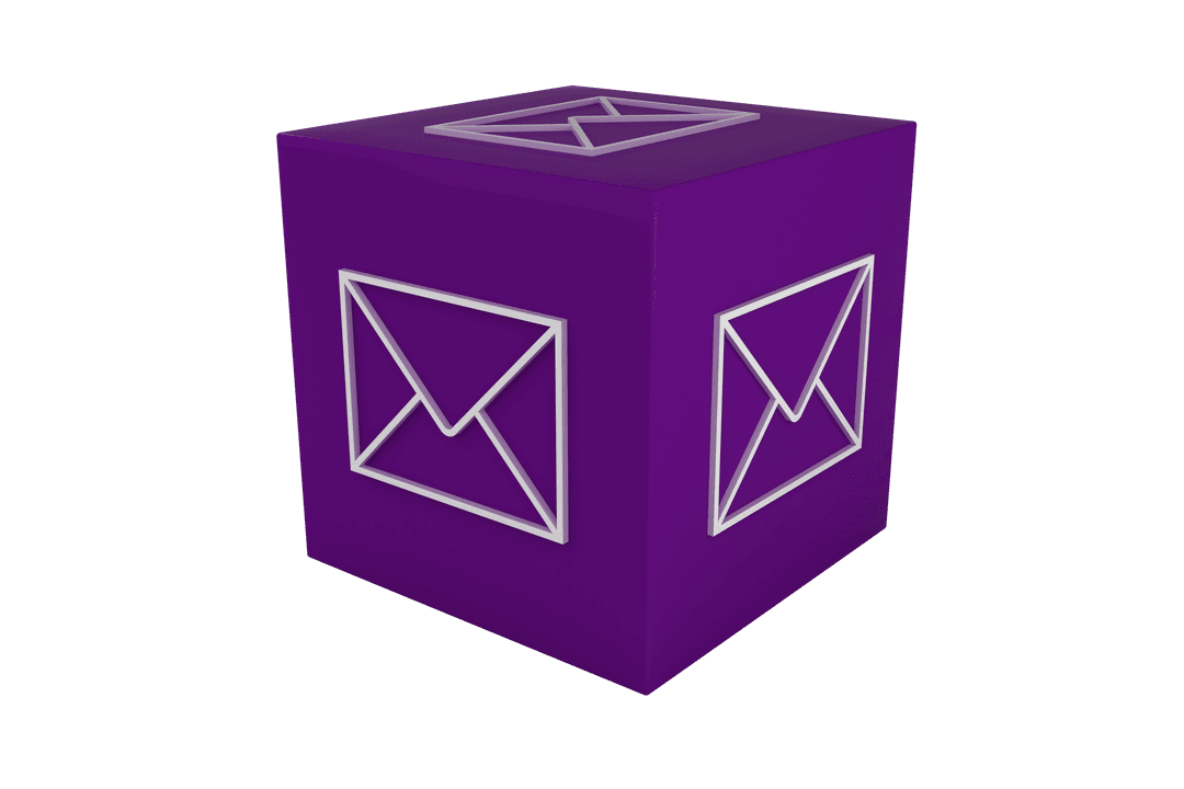 Purple Cube with Envelope Icons on Transparent Background