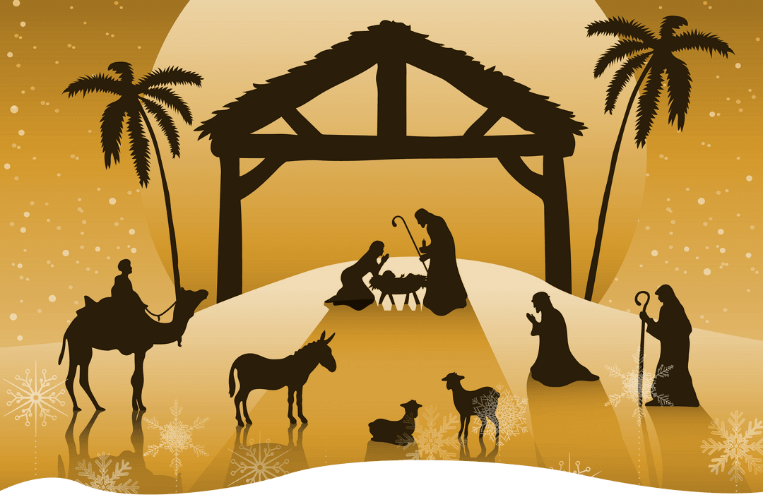 Transparent Nativity Scene Silhouette with Sunset Background