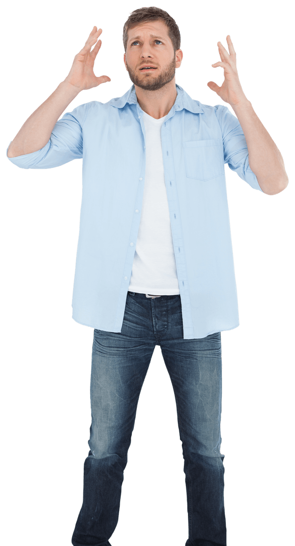 Transparent Man Looking Upset with Hands Raised