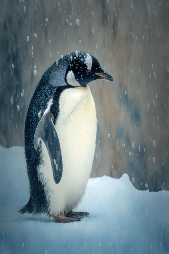 Gentoo Penguin Standing on Snowy Ground During Snowfall - Free Images, Stock Photos and Pictures on Pikwizard.com