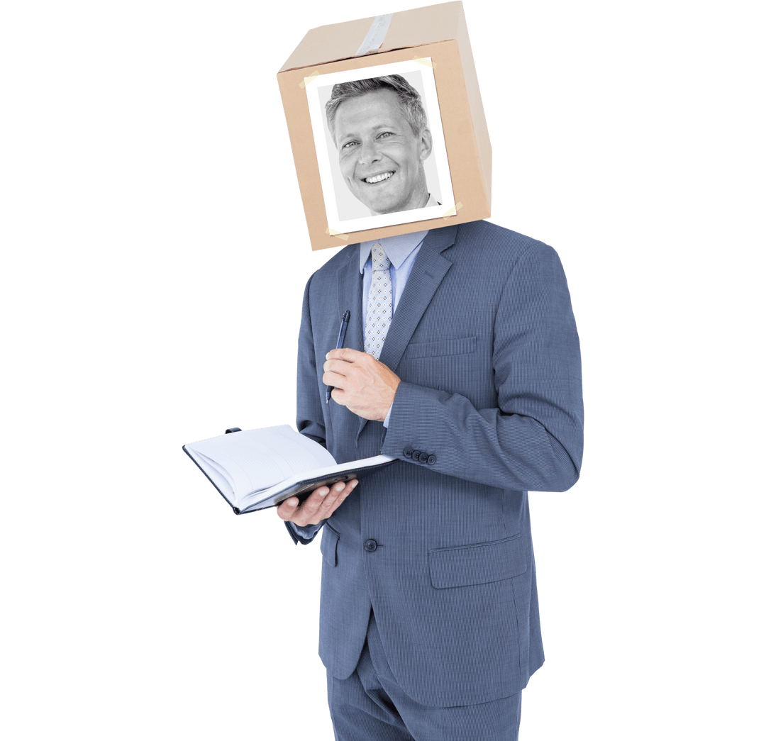 Transparent Businessman Face Box Concept Holding Notebook