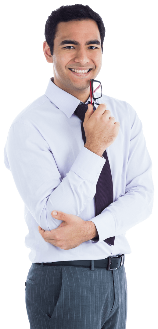 Smiling Businessman with Glasses Holding for Success Transparent Background