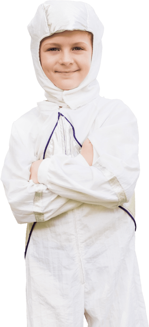 Cheerful Boy in White Protective Suit Posing on Transparent Background