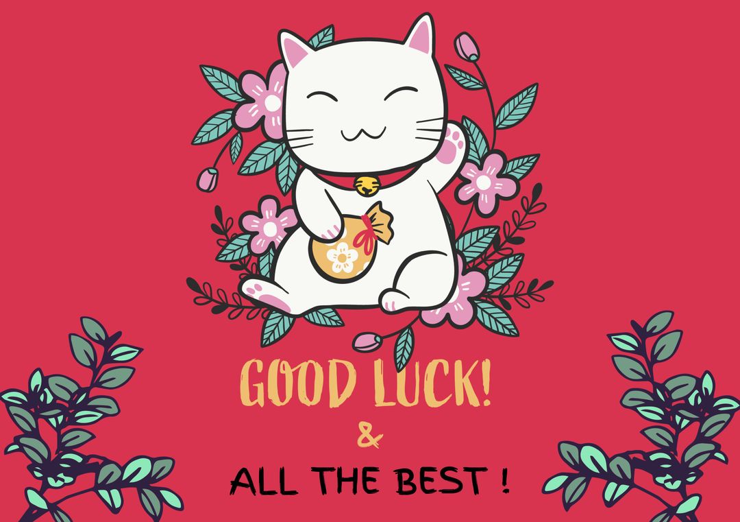 Lucky Cat with Floral Accents on Red Background