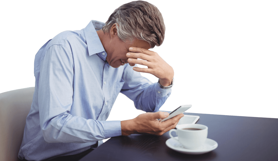 Transparent Frustrated Businessman with Smartphone and Coffee