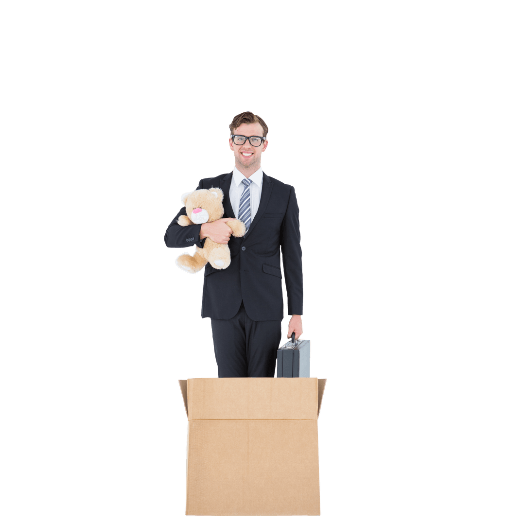 Transparent Background of Businessman with Toy and Briefcase Smiling