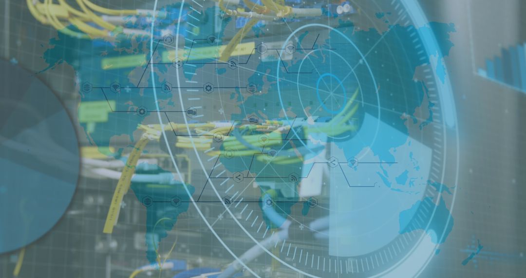Digital Interface Concept: World Map Over Server Room