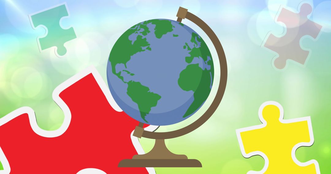 World Globe Over Colorful Jigsaw Puzzle Pieces For Autism Awareness