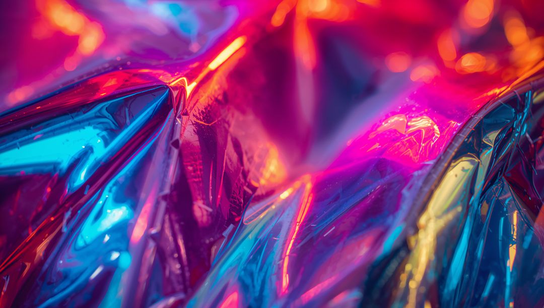 Holographic Mylar Foil Macro with Neon Iridescent Highlights and Metallic Bokeh Glow