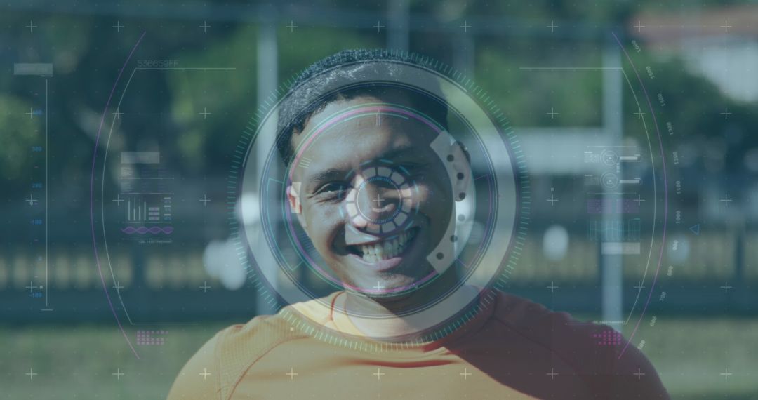 Male Soccer Player Smiling with Futuristic Digital Interface Overlay