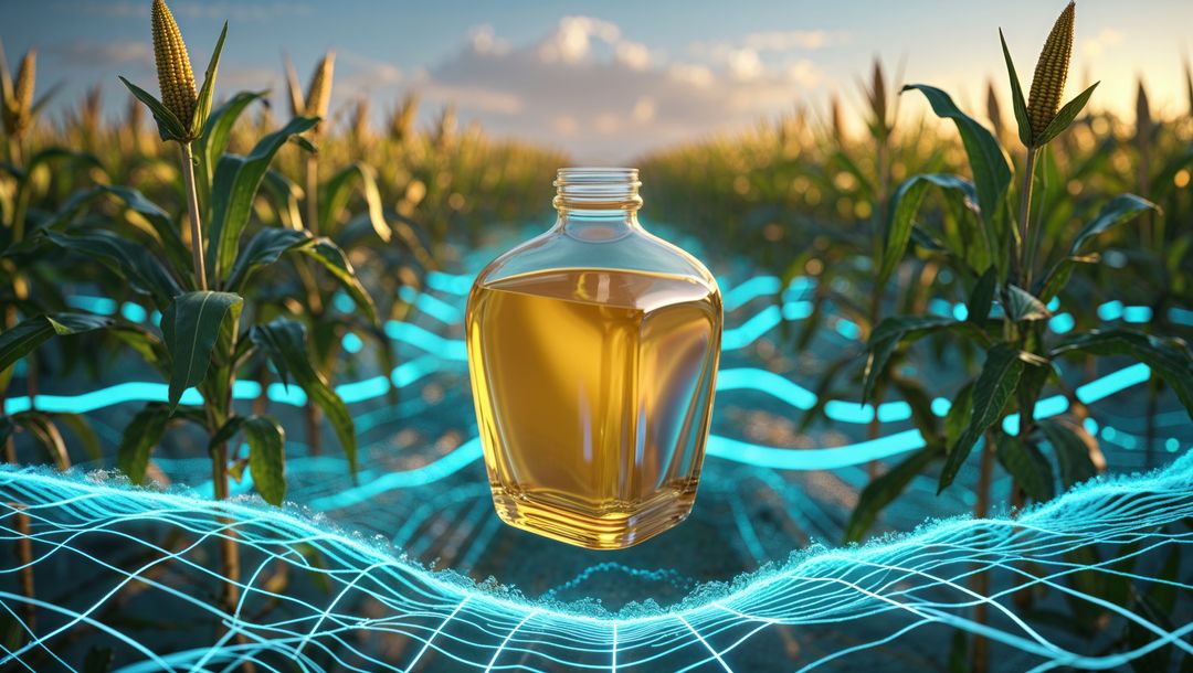 Amber corn syrup bottle floating above cornfield with digital grid
