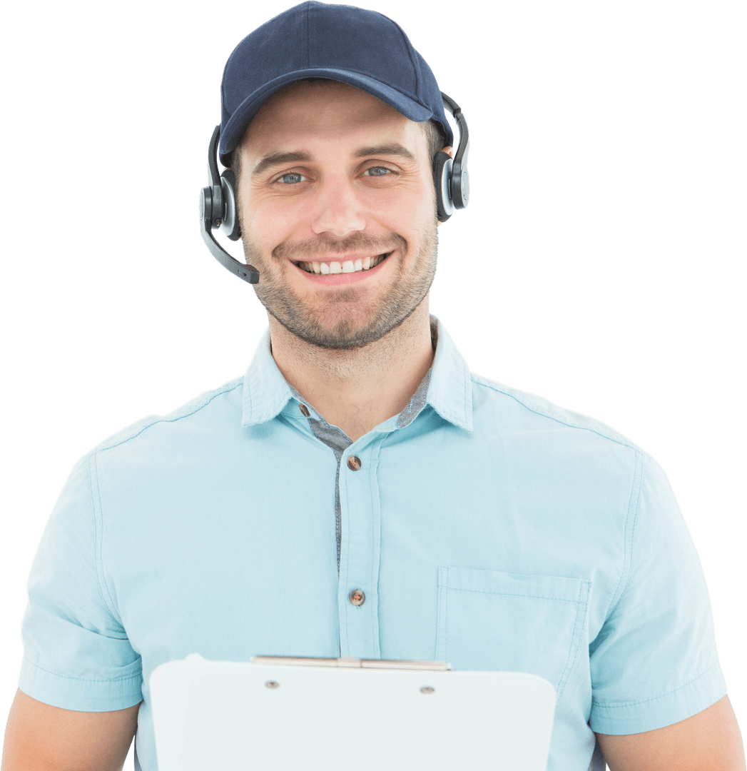 Smiling Courier Professional with Headset on Transparent Background