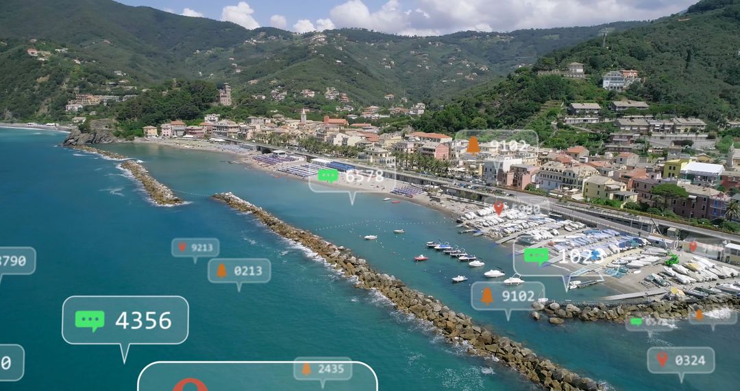 Digital Networking Overlay High-Tech Coastal Cityscape