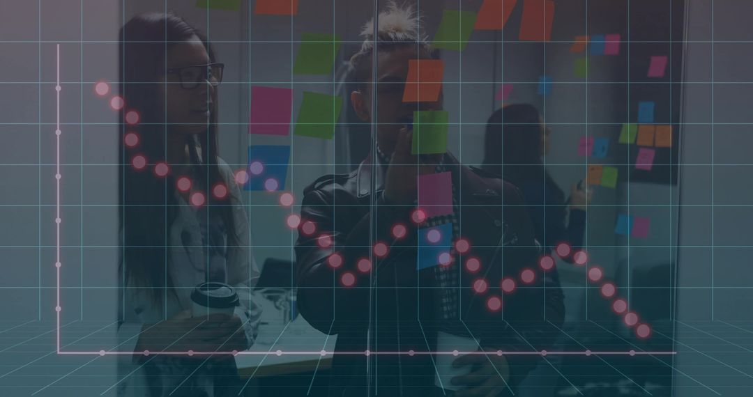 Colleagues Brainstorming with Sticky Notes and 3D Data Trend Overlay for Team Planning
