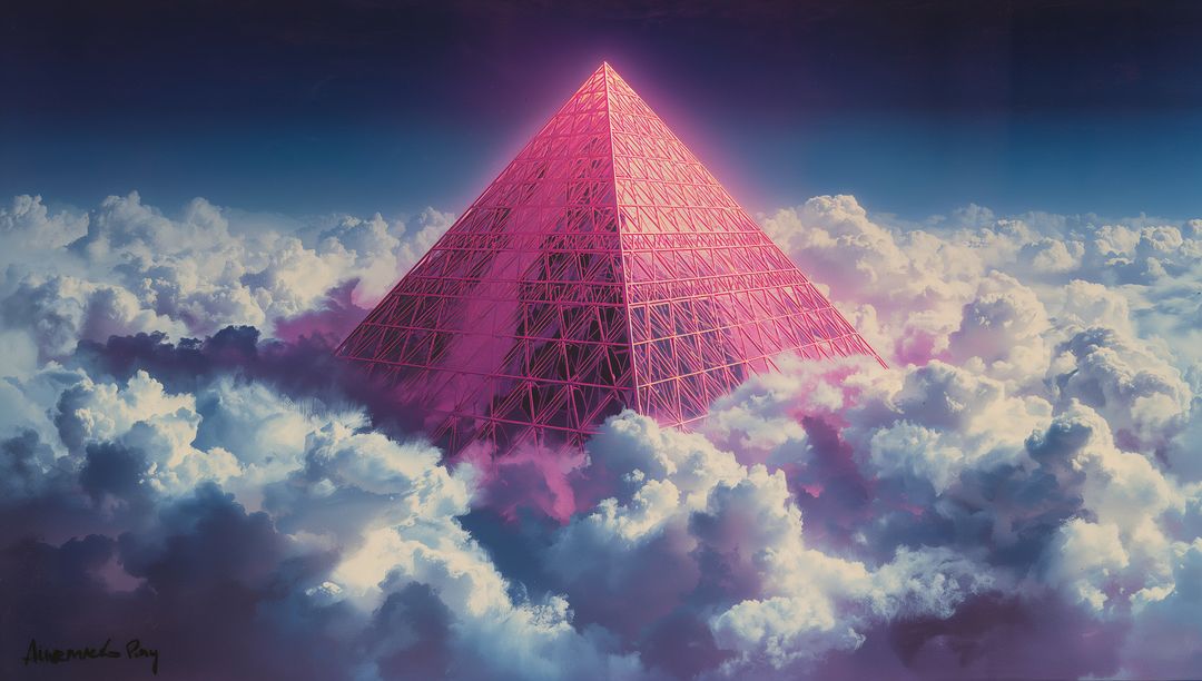 Magenta Metal-Lattice Pyramid Rising Through Clouds with Glowing Apex and Dreamy Light