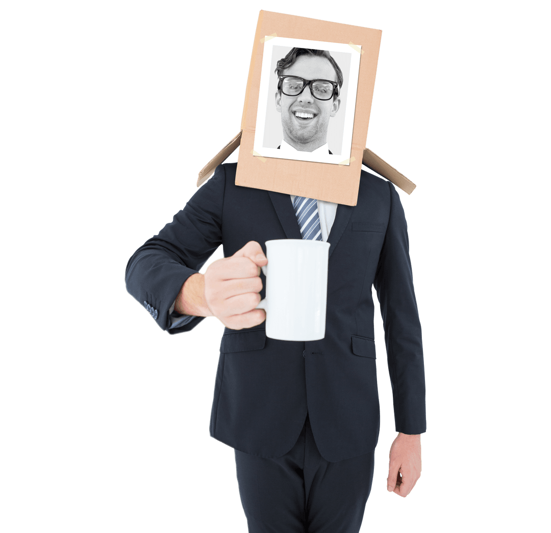 Transparent Businessman with Cardboard Box Head Holding Coffee Mug