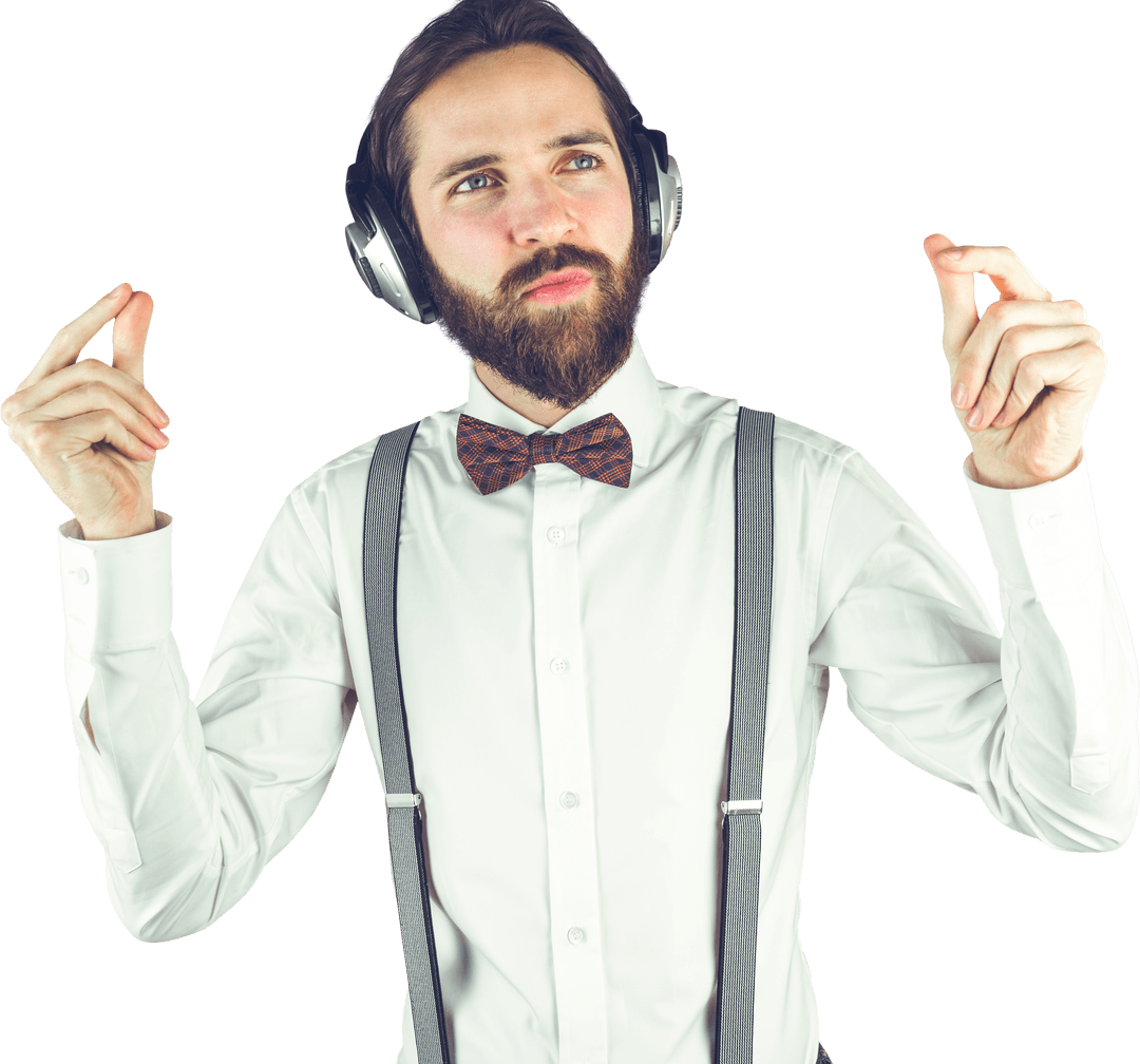 Bearded Man Enjoying Music on Headphones Transparent Background