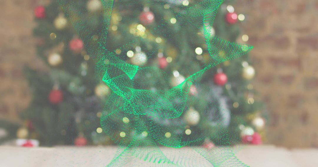 Festive living room featuring evergreen tree with glowing green particle ribbon and bokeh