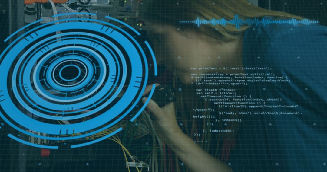 Woman Technologist Analyzing Server with Digital Interface Overlay