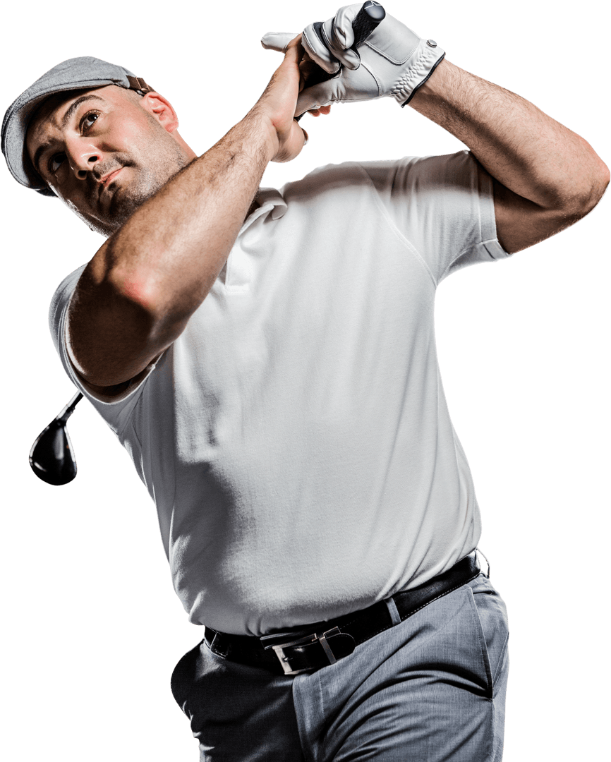 Focused Golf Player Taking a Powerful Swing with Transparency