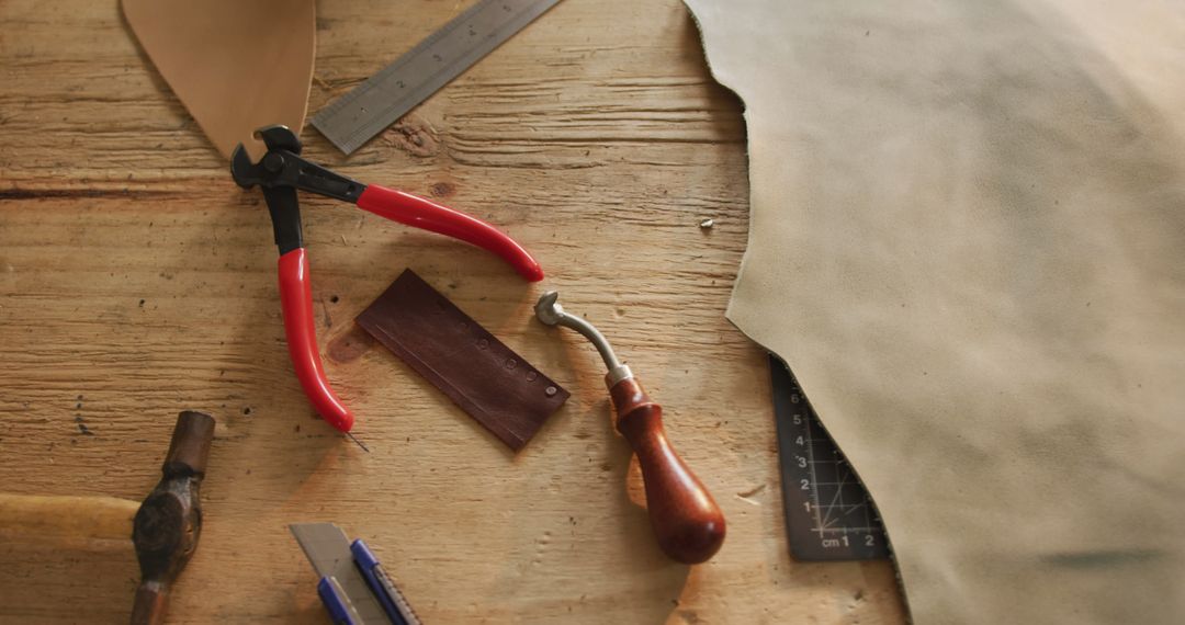 Handcrafted Leather Workbench with Tools and Materials