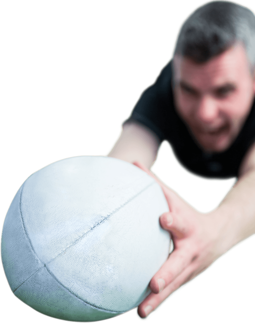 Transparent Focused Rugby Player Scoring Try on Grass Field