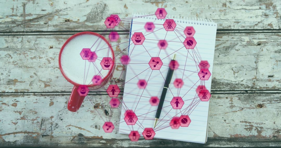 Coffee and Notepad with Digital Networking Icons Overlay
