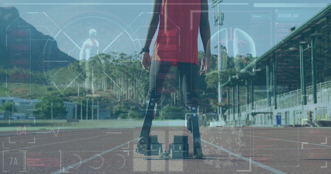 Athlete with Prosthetic Leg on Track Overlayed with Medical Data Graphics