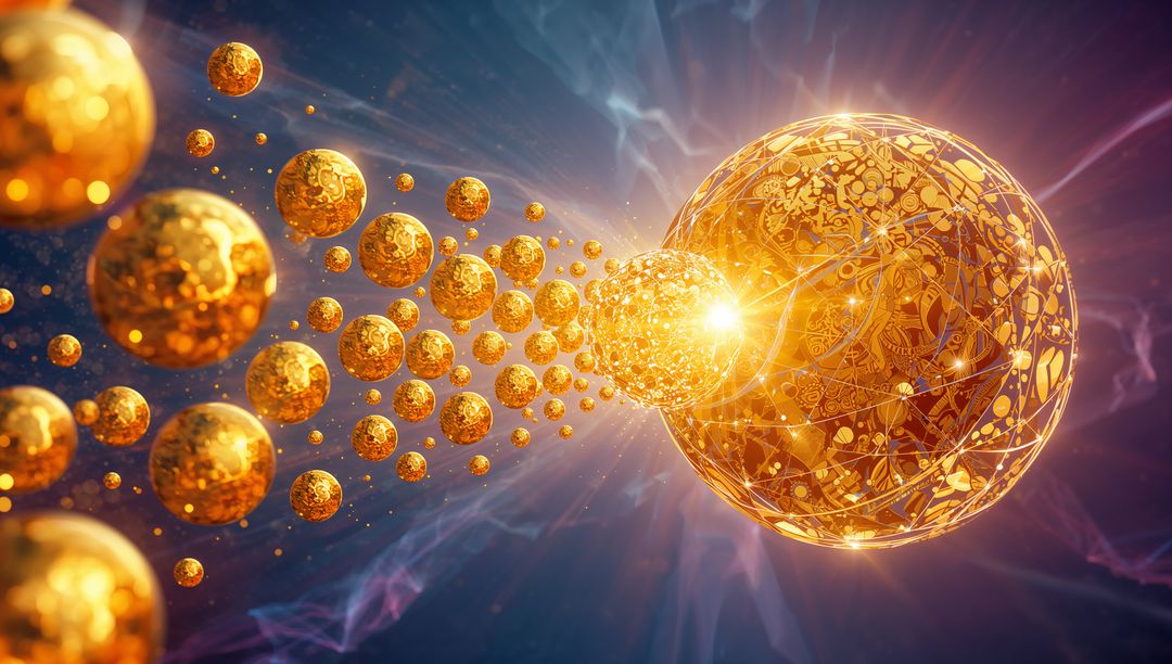 Ornate Golden Orb Radiating Light with Flowing Spheres in Cosmic Nebula